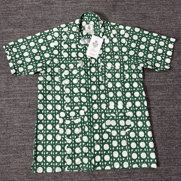 Sue Sartor Cabana Shirt Women Medium Kelp Green Geometric Beach Resort Pockets - Picture 1 of 10
